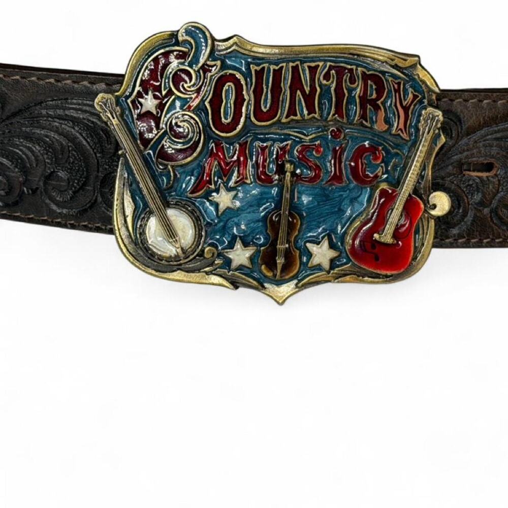 Great American Buckle Co Vintage 1982‎ Country Music Western Leather Belt Sz 44
